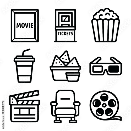 Entertainment icons: movie tickets, popcorn, 3d glasses, cinema elements.