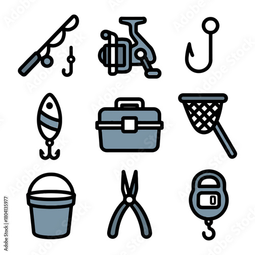 Essential fishing gear icons: rods, hooks, reels, net, lures, plier tools, scale.