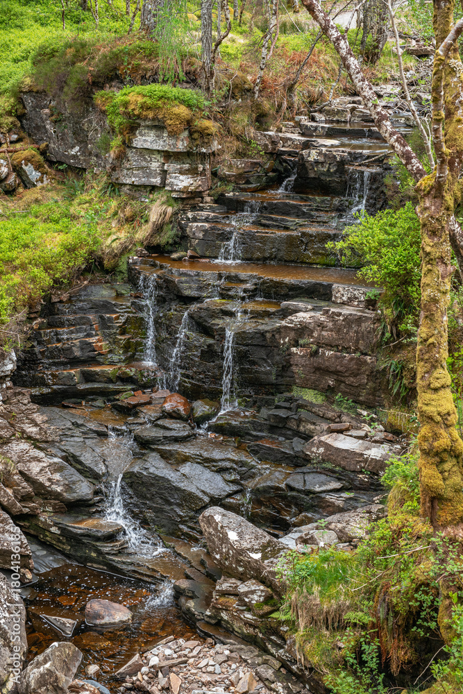 Fototapeta premium Water cascading over flat rocks in forest