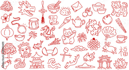 Traditional Chinese New Year Icons Set Featuring Cultural Festival Elements Lucky Symbols Decorative Line Illustration
