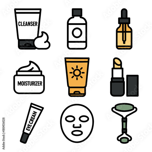 Skincare beauty icons set: cleanser, serum, moisturizer, eye cream, face mask, jade roller.