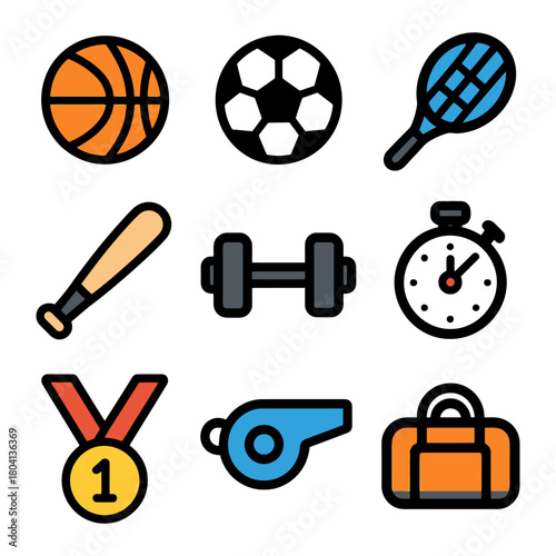 Colorful sports icons set: basketball, soccer, tennis, and more.