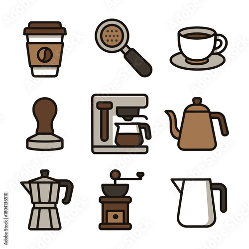 Set of coffee brewing icons: cups, pot, grinder, espresso machine, kettle.