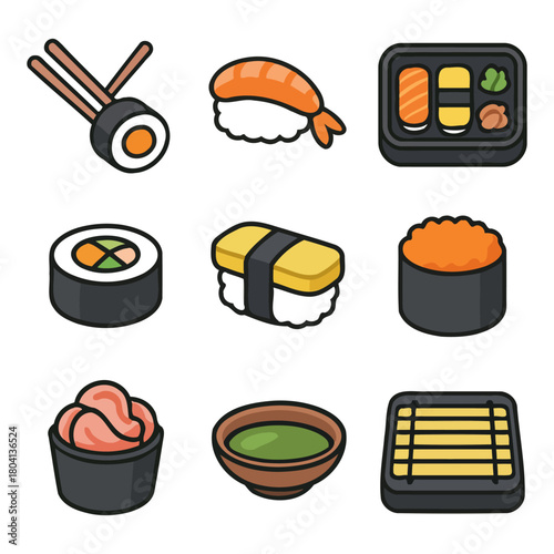 Assorted sushi icon set featuring nigiri, maki, sashimi, wasabi, and soy sauce.