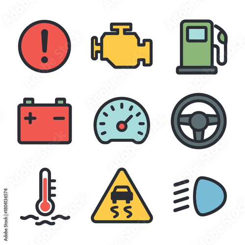 Car dashboard icons: warning, engine, fuel, battery, speedometer, steering, temperature, slippery, lights.