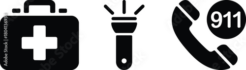 Illustration of first aid kit flashlight and emergency phone call