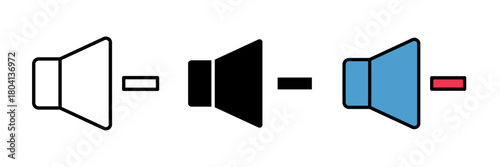 Volume down icon representing volume down, usually depicted as a speaker with a minus sign or decreasing sound waves, indicating lowering audio output.