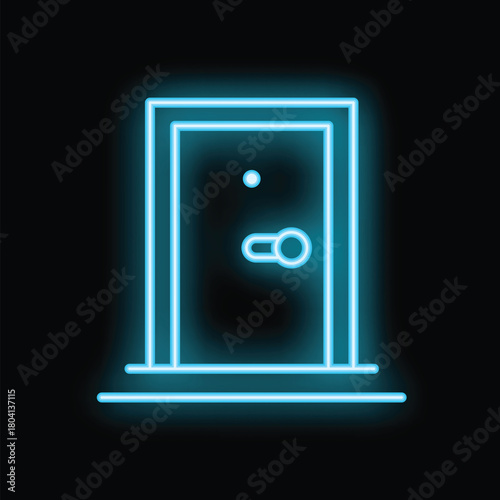 Neon sign depicting a doorway with a peephole and a doorknob, glowing on a black background
