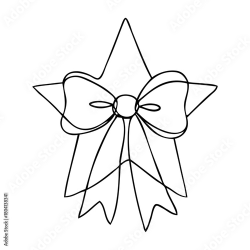 Decoración navideña. Dibujo de línea continua de lazo de cinta con estrella para tarjetas y felicitaciones de Navidad o cumpleaños 