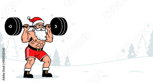 Santa Claus squatting with weights in snowy landscape, emphasizing fitness and strength