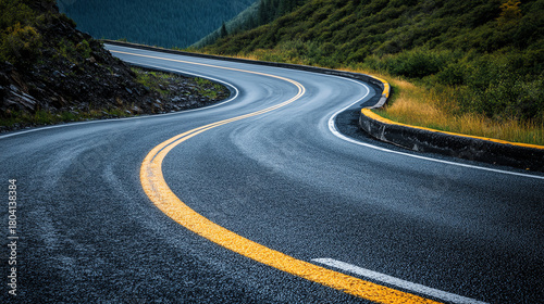 Highway curves with geometric caution lines, safe driving, turning safety