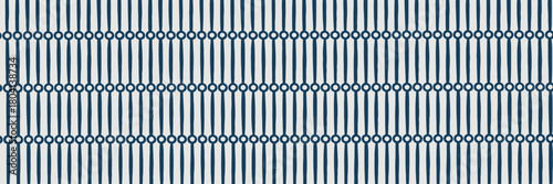 A repeating pattern of navy blue vertical lines connected by circles on a white background creating a design