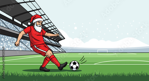 Santa Claus playing soccer on the field during winter season in festive outfit