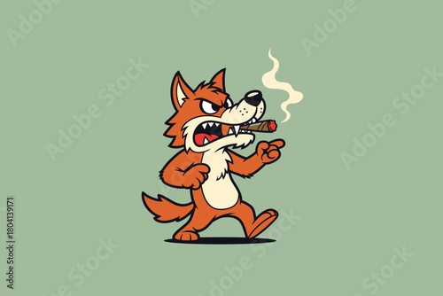 Angry Cartoon Fox Smoking a Cigar with a Fierce Expression.