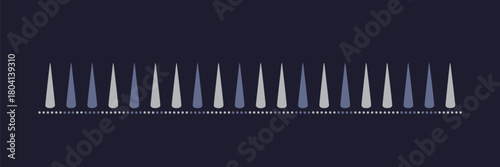 A linear arrangement of alternating light and dark blue triangles above a dotted line on a dark blue background