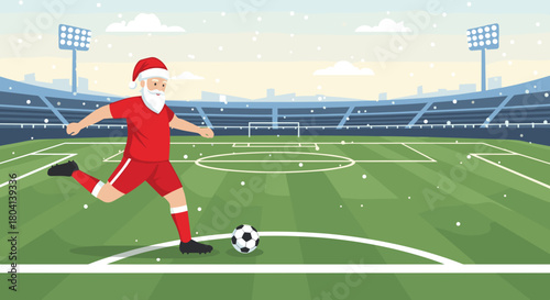 Santa Claus playing soccer, sporty mood, winter stadium background, with copy space