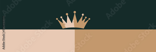 A graphic design featuring a golden crown on a background divided into dark green and beige shades design