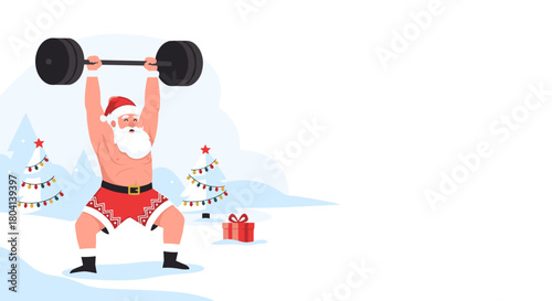 Santa Claus lifting weights, energetic mood, winter background, with copy space