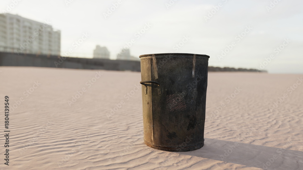 Naklejka premium A weathered trash can stands alone on a serene beach, surrounded by soft sand. In the background, city buildings rise against a beautiful sunset sky, creating a peaceful atmosphere.