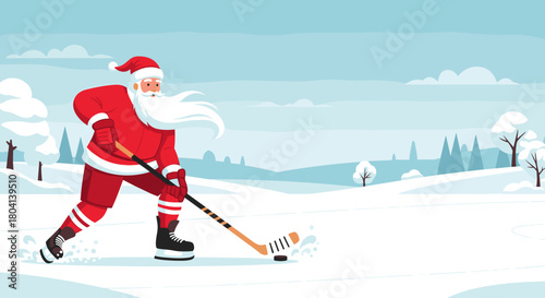 Santa Claus playing ice hockey, sporty mood, winter background, with copy space