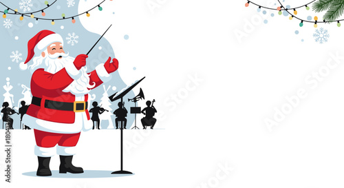 Santa Claus conducting an orchestra, festive mood, musical background, with copy space