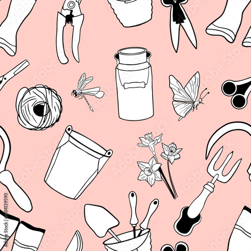 Hand drawn seamless pattern featuring essential garden tools: pruners, trowels, watering cans, twine, flowers, butterflies, insect. Black and white lines, pink background. for eco friendly product.