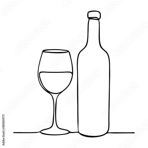 Dibujo de línea continua de copa con botella de vino	