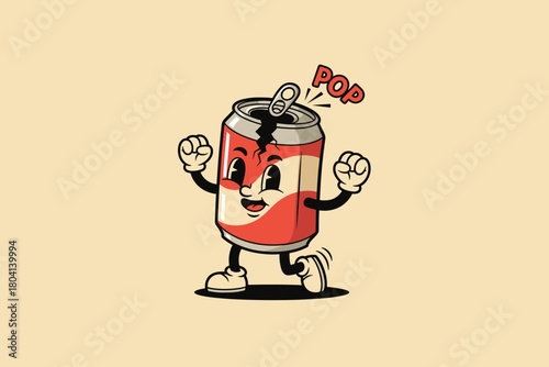 Retro Soda Can Character Dancing with Pop Sound Effect.