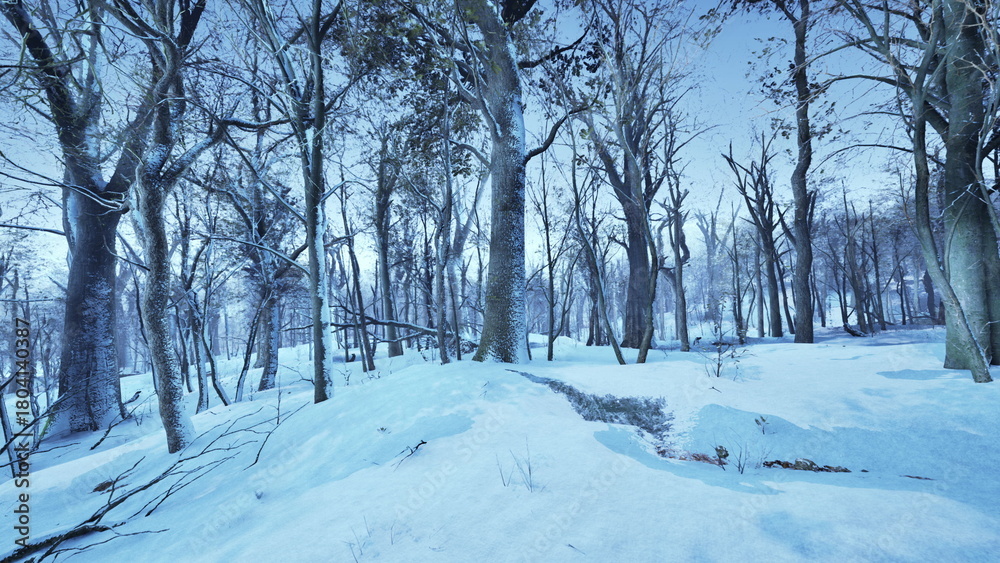 Fototapeta premium Snow blankets the ground in a tranquil forest, with tall trees standing bare against a pastel sky. The chilly air adds a crisp feel to this peaceful winter scene.