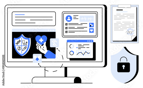 Computer monitor displaying healthcare tools, analytics, and patient data, alongside a clipboard and padlock shield. Ideal for healthcare, technology, security, analytics, management data privacy