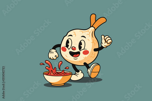 Retro Cartoon Onion Character Dancing with a Bowl of Sauce.
