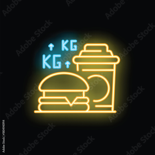 Neon sign showing a burger and a drink with arrows pointing at the text kg, symbolizing weight gain from fast food