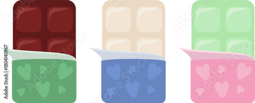 Set of three appealing small chocolate bars—dark, white, and matcha green tea—each partially unwrapped in heart-patterned wrappers, representing a romantic, delicious assortment of gourmet flavors.