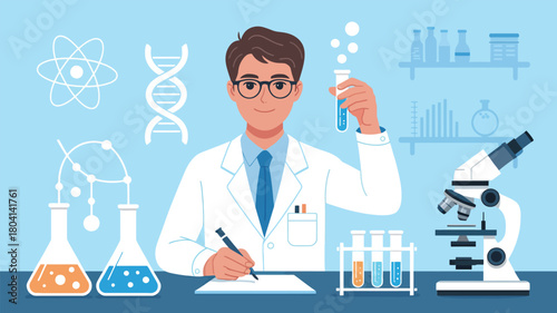 Scientist in lab coat holding test tube and writing on paper