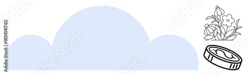 Minimalist cloud shape, potted flowers, and coin. Ideal for success, growth, sustainability, nature, wealth ecology investment. Represents prosperity in a simple flat metaphor