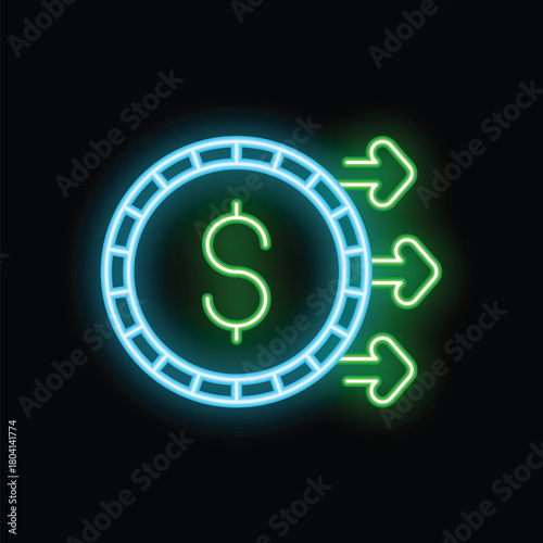 Neon green arrows transferring money from a blue coin with a dollar sign on a black background