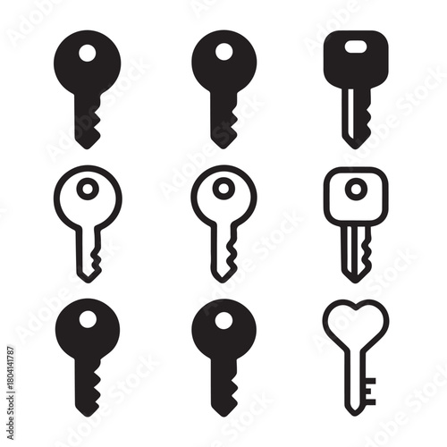 Collection of various key icons in different shapes and styles, representing security, access control, protection, privacy, and lock systems for digital interfaces, branding, and graphic design projec