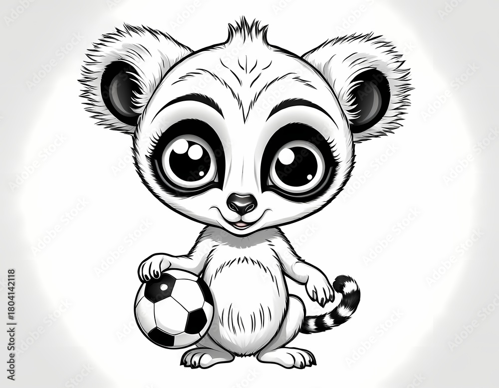 Naklejka premium Cute lemur playing with a ball, simple black and white preschool coloring page