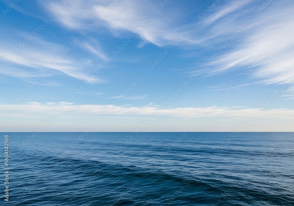 Fototapeta premium Vast expanse of the ocean under a bright blue sky with wispy white clouds, showcasing the horizon and gentle waves