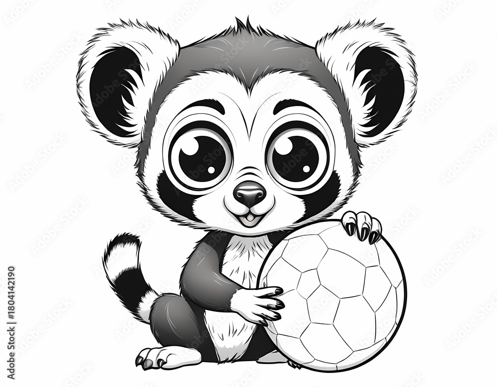 Obraz premium Cute lemur playing with a ball, simple black and white preschool coloring page