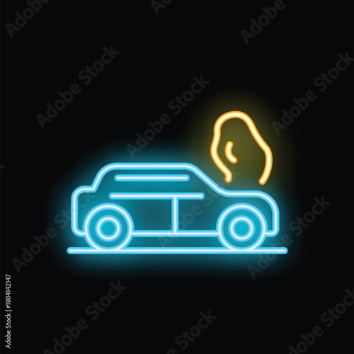 Neon icon of a broken car emitting smoke, symbolizing car trouble