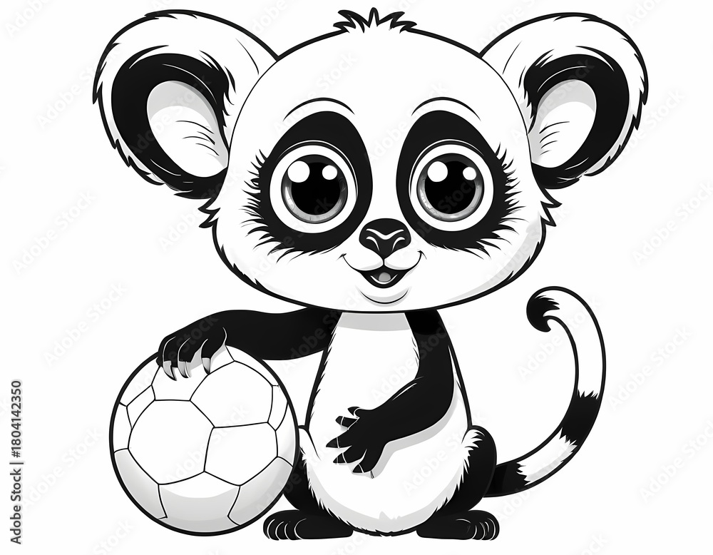 Obraz premium Cute lemur playing with a ball, simple black and white preschool coloring page