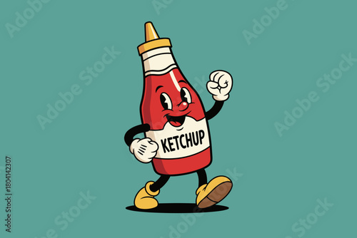 Retro Ketchup Bottle Character Walking Joyfully.