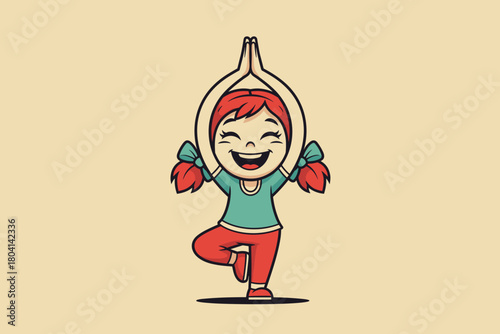Happy girl doing yoga pose with hands above head smiling.