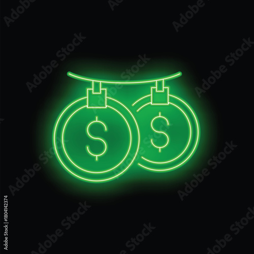 Neon green money laundering concept with coins hanging on clothesline on black background