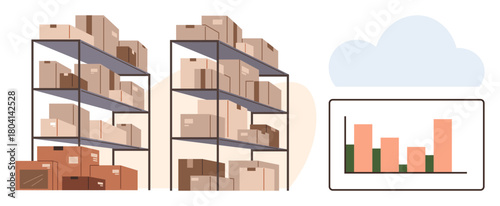 Organized warehouse shelves stacked with boxes next to a bar chart analyzing inventory data. Ideal for logistics, supply chain, inventory, data analysis, storage, business operations, simple flat