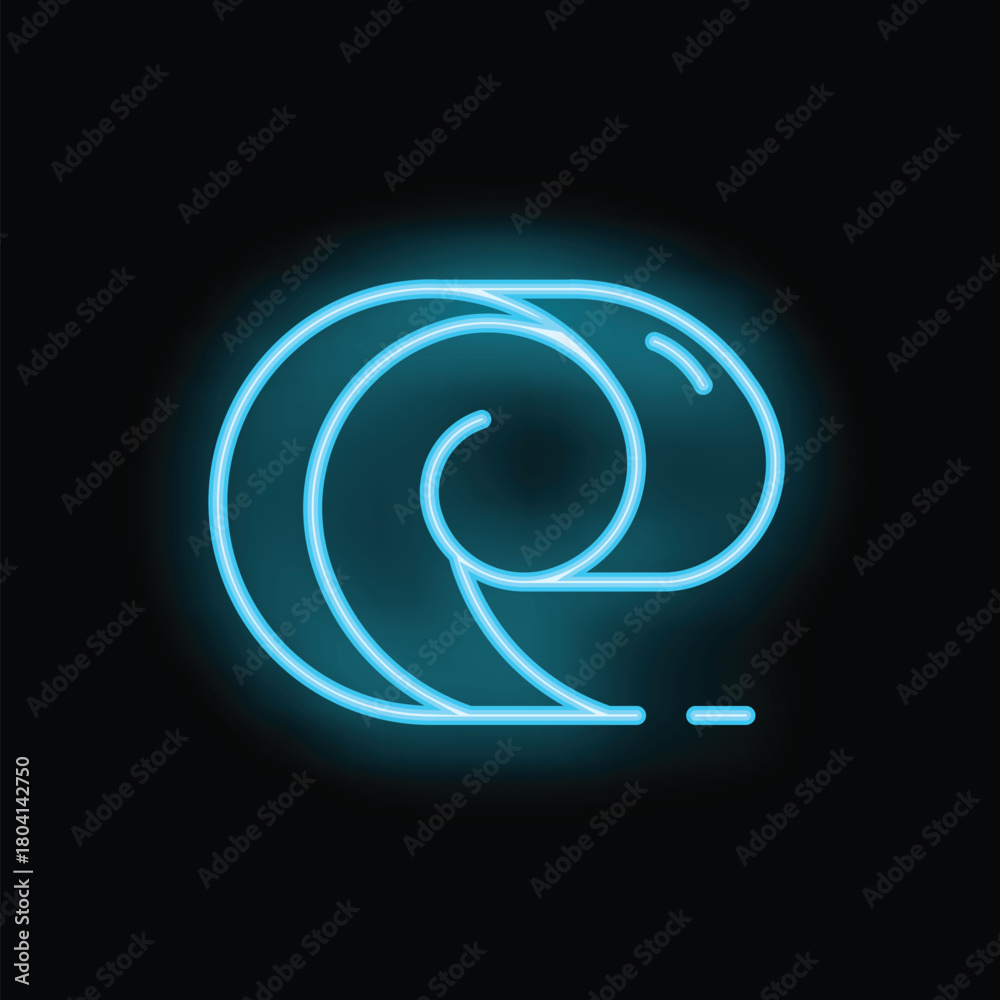 Obraz premium Bright blue neon sign depicting ocean wave breaking on black background
