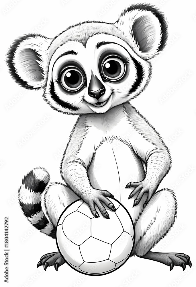 Naklejka premium Cute lemur playing with a ball, simple black and white preschool coloring page