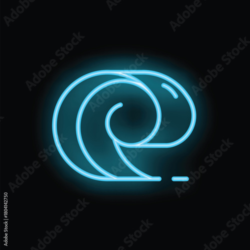 Bright blue neon sign depicting ocean wave breaking on black background