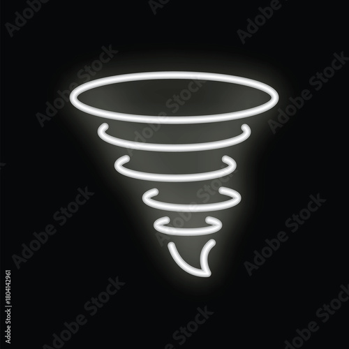 White neon sign illustrating a destructive tornado glowing on a black background
